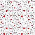 Cute Enamored cats with hearts. Seamless vector pattern. Red black and white colors. Doodle style